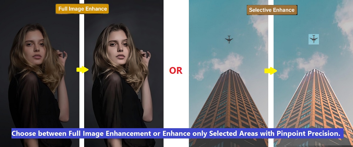 Free Online AI Image Enhancer - Full vs Selective Enhance