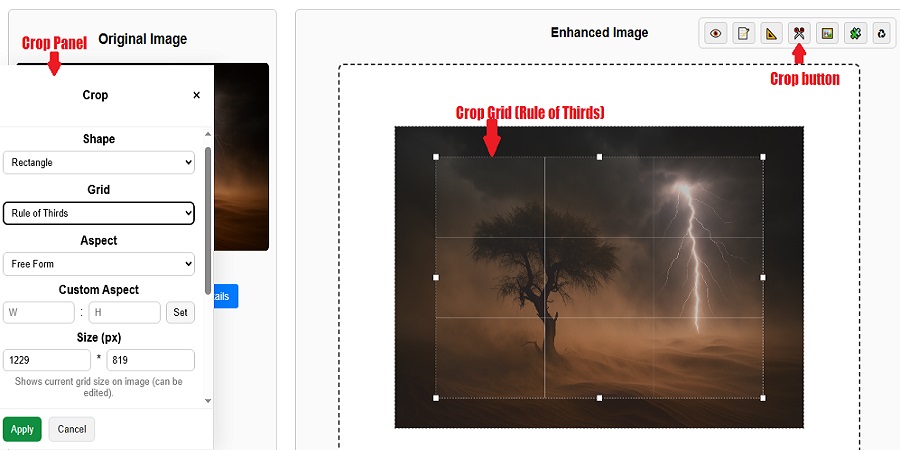 Crop panel for cropping images online with available controls