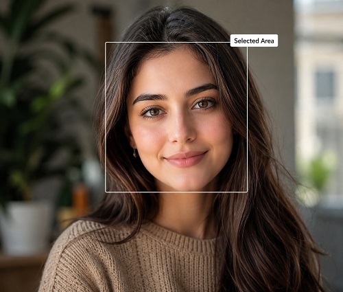 Example showing selective image enhancement applied only to a woman face using a selection area